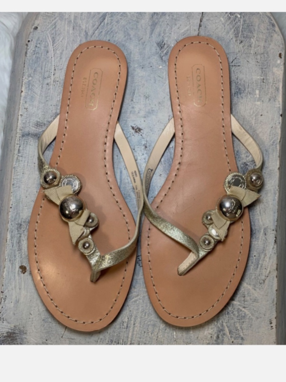 Coach Oceanna Metallic Crackle Leather Thong Sandals Champagne Women's 7.5B